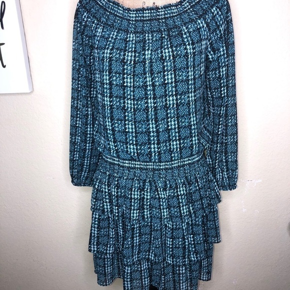 Michael Michael Kors Dress Houndstooth Teal Black & White Ruffle Dress Size L - Picture 1 of 8